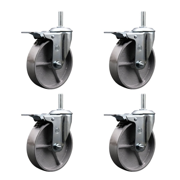 5 Inch Semi Steel Swivel 58 Inch Threaded Stem Caster Set with Total Lock Brake